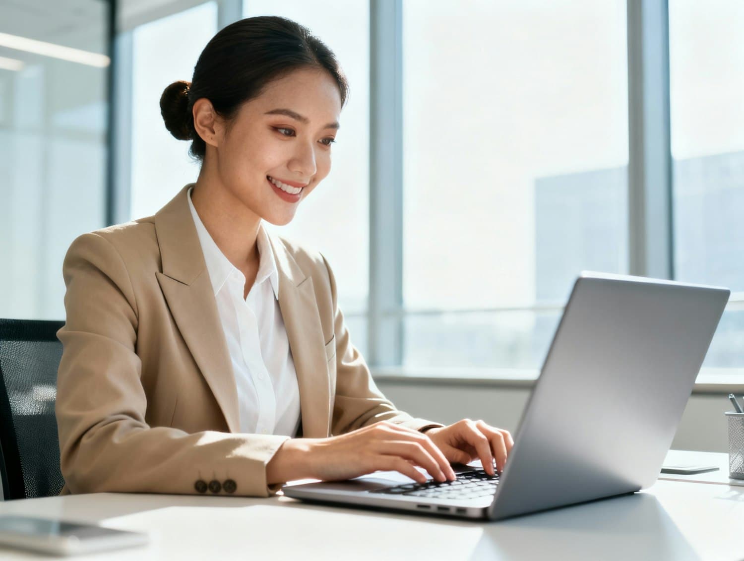 Advisor working at a laptop in a bright Dubai office