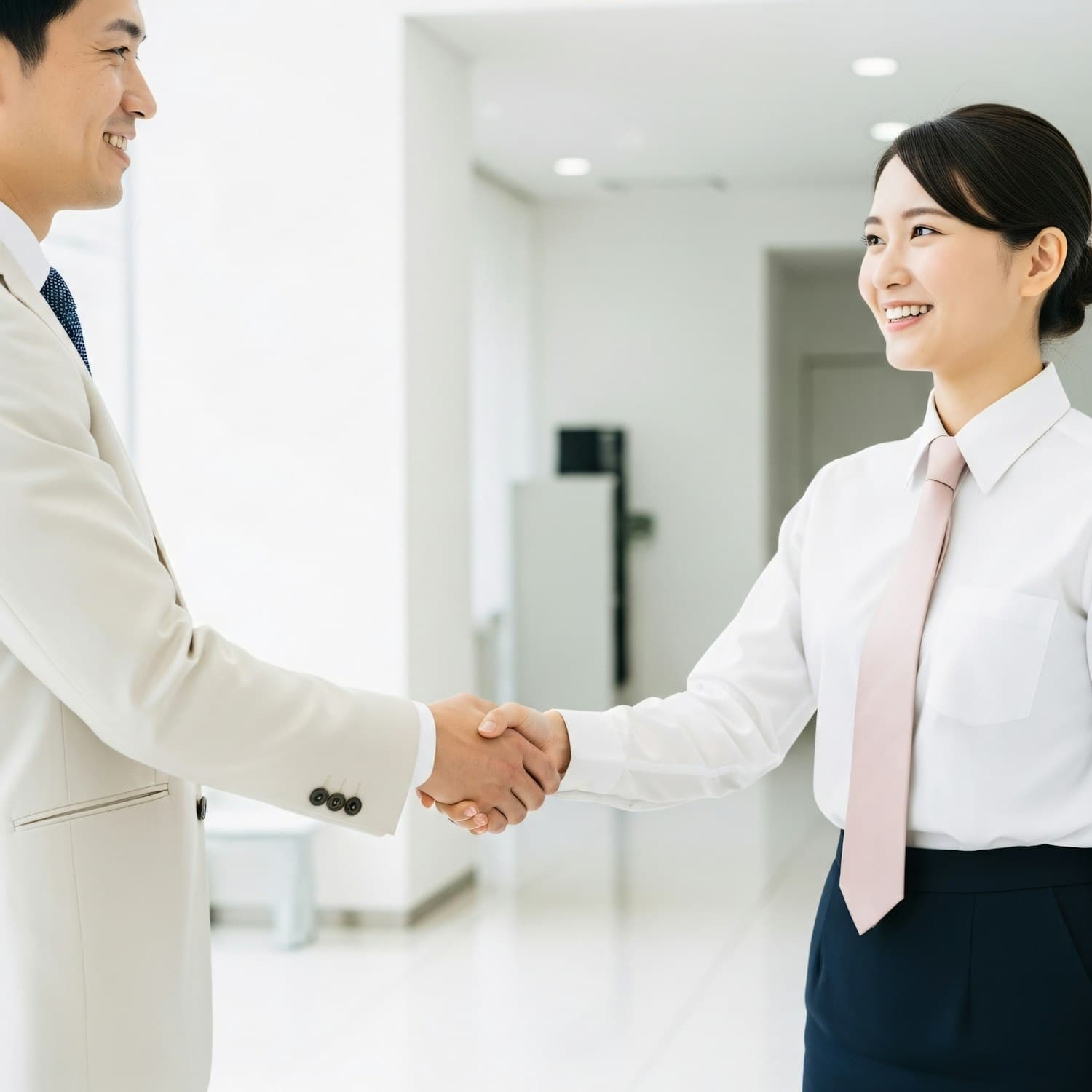 Two advisors shaking hands across a desk in a bright Dubai office