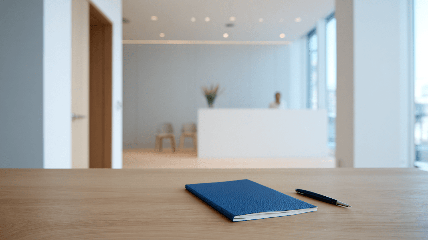 Minimal modern office reception desk with a notebook and pen