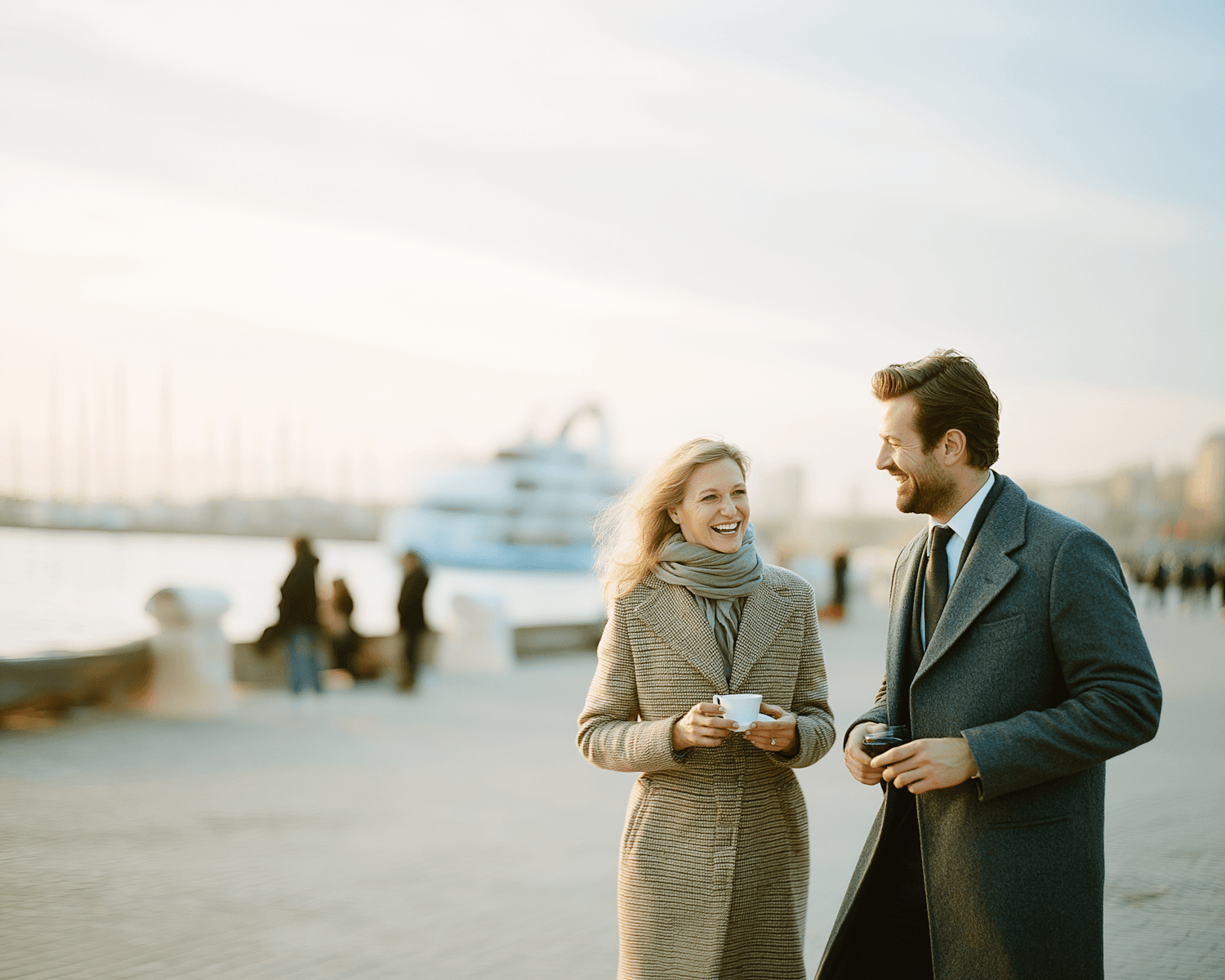 Couple walking together along a bright waterfront promenade